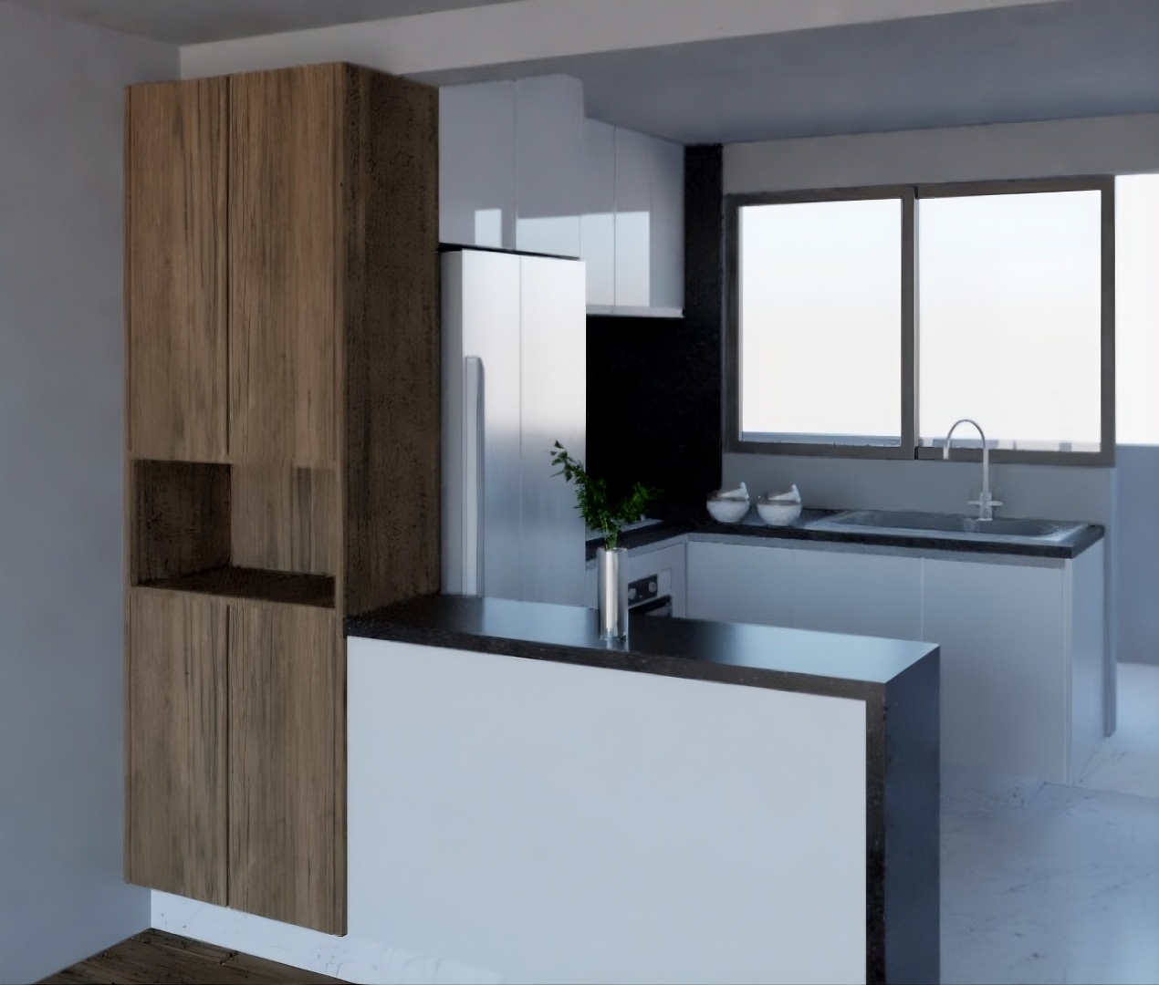 Cocina integral minimalista con isla central y cubierta Neolith — Naucalpan